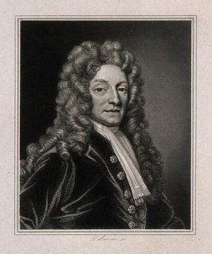 view Sir Christopher Wren. Line engraving by E. Scriven, 1827, after Sir G. Kneller, 1711.