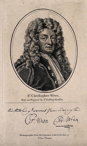 view Sir Christopher Wren. Line engraving after Sir G. Kneller, 1711.