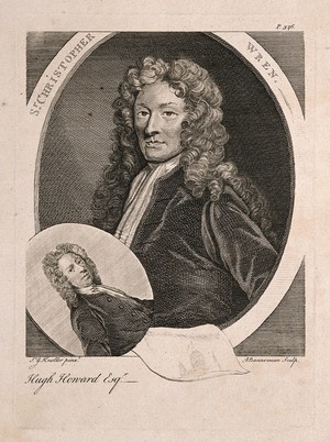 view Sir Christopher Wren. Line engraving by A. Bannerman after Sir G. Kneller.