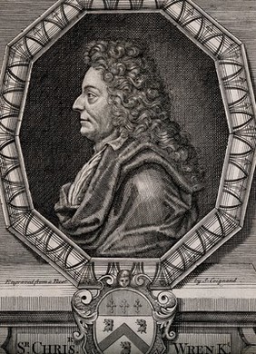 Sir Christopher Wren. Line engraving by S. Coignard, 1750, after M. Rysbrack.