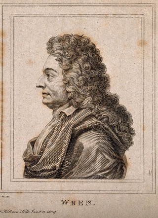 Sir Christopher Wren. Line engraving by E. Scriven, 1809, after M. Rysbrack.