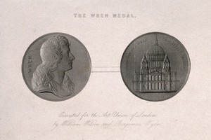 view Sir Christopher Wren. Line engraving after a medal by W. Wilson & B. Wyon.
