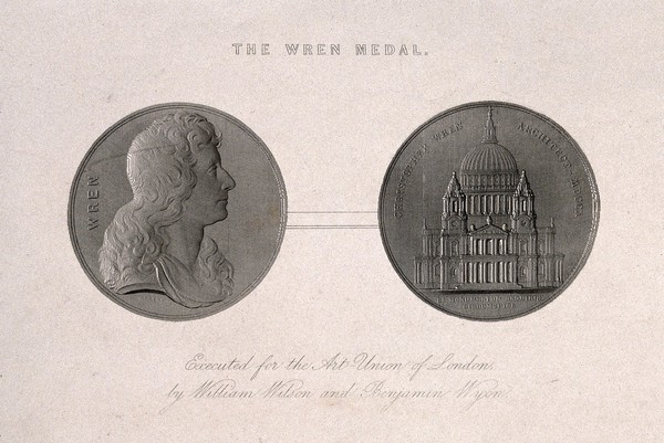 Sir Christopher Wren. Line engraving after a medal by W. Wilson & B. Wyon.