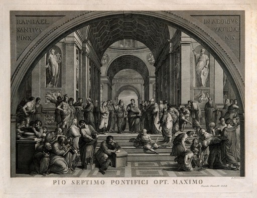 The School of Athens: a gathering of renaissance artists in the guise of philosophers from antiquity, in an idealized classical interior. Engraving by G. Mochetti after Raphael.
