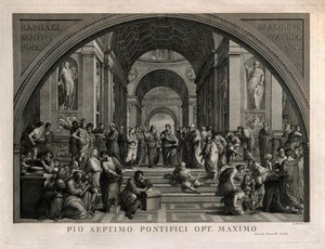 view The school of Athens: a gathering of ancient philosophers. Engraving by G. Mochetti after Raphael.
