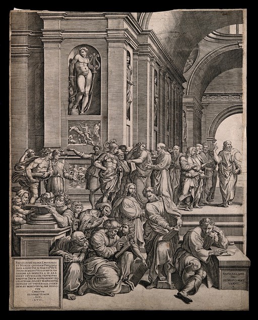The School of Athens: a gathering of renaissance artists in the guise of philosophers from antiquity, in an idealized classical interior. Engraving by G. Ghisi of Mantua, 1540, after Raphael.