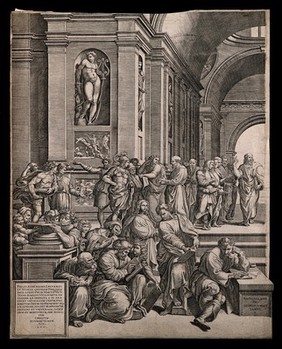The school of Athens: a gathering of Greek philosophers disputing with Saint Paul the Apostle. Engraving by G. Ghisi, 1550, after Raphael.