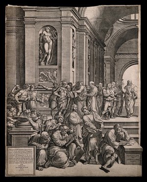 view The school of Athens: a gathering of Greek philosophers disputing with Saint Paul the Apostle. Engraving by G. Ghisi, 1550, after Raphael.