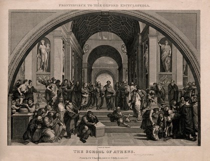 The school of Athens: a gathering of ancient philosophers. Engraving by J. & T. Bartlett, 1835, after Raphael.