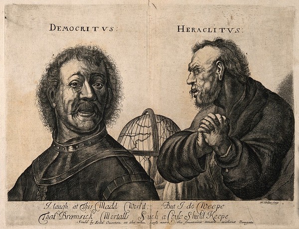 Democritus laughing and Heraclitus weeping, with a globe between them. Etching by R. Gaywood after J. van Vliet after Rembrandt van Rijn.