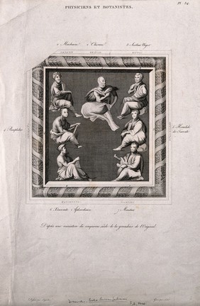 Seven named physicians and botanists of the ancient Greek world. Engraving by J.M. Lohié after C. Bourguignon, called Laguiche.