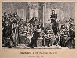 view Nicolas Copernicus explaining his planetary system to Alexander VI and artists of the Papal court. Photomechanical reproduction of a wood engraving by [W.G.] after A. Gerson.