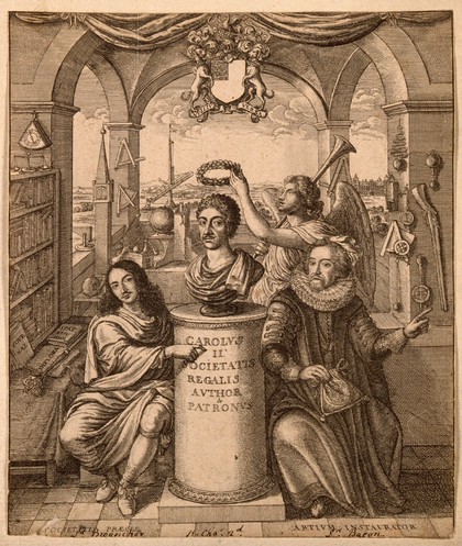 Francis Bacon and William Brouncker flanking a bust of King Charles II set on a pedestal, surrounded by symbols of scientific learning representing the Royal Society. Etching by W. Hollar, 1667, after J. Evelyn.