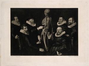 view Sebastiaan Egbertsz demonstrating skeletal anatomy to five syndics of the Surgeon's Guild of Amsterdam. Photogravure after W. Valckert, 1619.