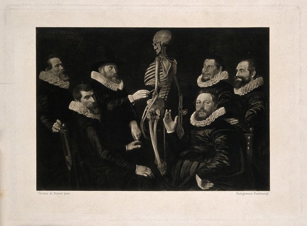 Sebastiaan Egbertsz demonstrating skeletal anatomy to five syndics of the Surgeon's Guild of Amsterdam. Photogravure after W. Valckert, 1619.