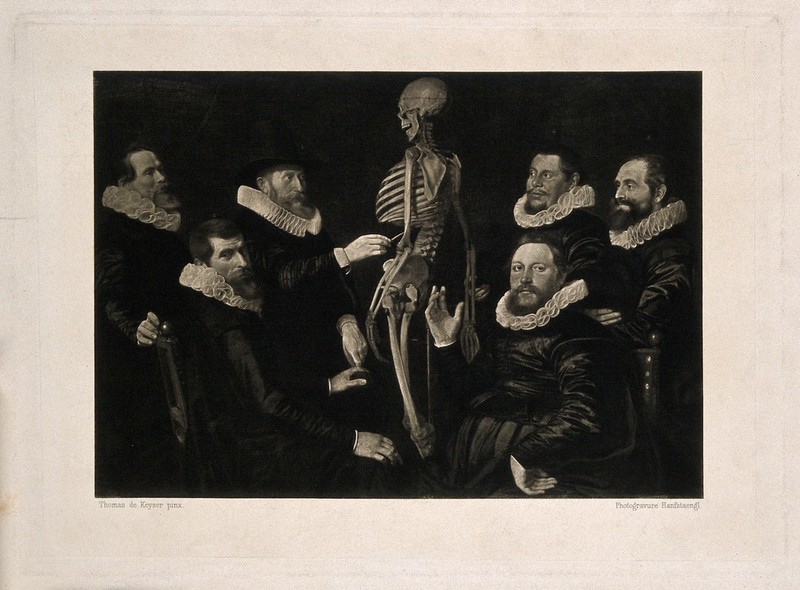 Sebastiaan Egbertsz demonstrating skeletal anatomy to five syndics of the Surgeon's Guild of Amsterdam. Photogravure after W. Valckert, 1619., by Werner van den Valckert