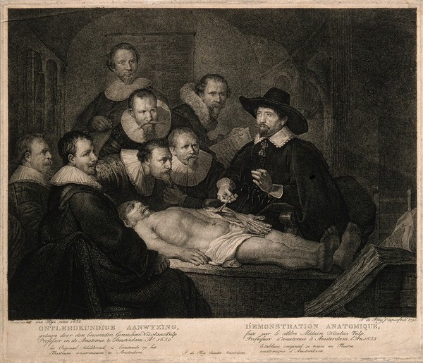 Nicolaus Tulp demonstrating anatomy to seven syndics of the Surgeons' Guild of Amsterdam. Etching by J. de Frey, 1798, after Rembrandt, 1632.