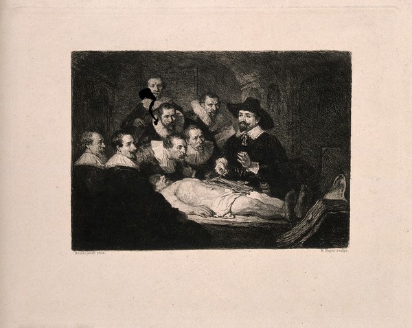 Nicolaus Tulp demonstrating anatomy to seven syndics of the Surgeons' Guild of Amsterdam. Etching by W. Unger after Rembrandt, 1632.