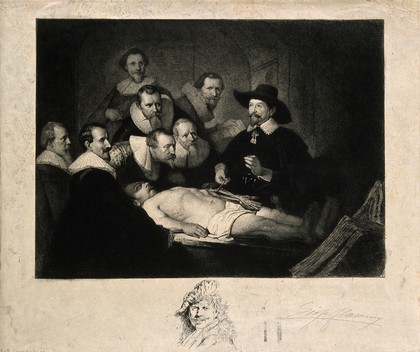 Nicolaus Tulp demonstrating anatomy to seven syndics of the Surgeons' Guild of Amsterdam. Etching by L. Flameng after Rembrandt, 1632.