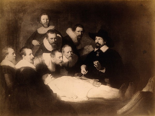 Nicolaus Tulp demonstrating anatomy to seven syndics of the Surgeons' Guild of Amsterdam. Photograph after Rembrandt, 1632.