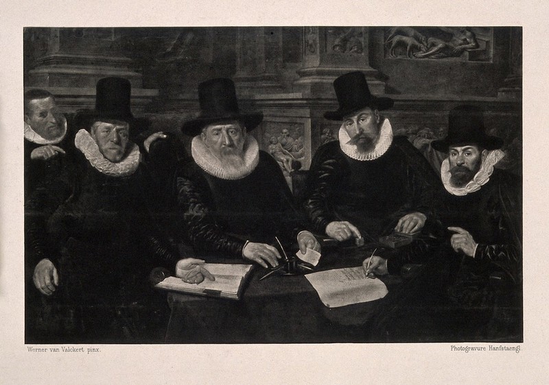 The master and four governors of the leper asylum at Amsterdam. Photogravure after W. Valckert, 1624., by Werner van den Valckert