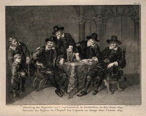 view The governors of the Leper Asylum at Amsterdam admitting a boy. Engraving by R. Vinkeles after J. M. Cok after F. Bol, 1649.