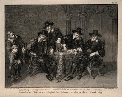 The governors of the Leper Asylum at Amsterdam admitting a boy. Engraving by R. Vinkeles after J. M. Cok after F. Bol, 1649.