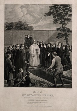 The funeral of Mrs Susannah Wesley at Bunhill Fields, the Methodist cemetery. Mezzotint by S. Gimber, 1865, after D. Woolstenhome.