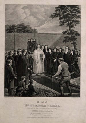 view The funeral of Mrs Susannah Wesley at Bunhill Fields, the Methodist cemetery. Mezzotint by S. Gimber, 1865, after D. Woolstenhome.