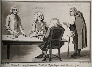 view Men playing draughts in Button's coffee-house ca. 1720 Aquatint by S. Ireland after W. Hogarth.