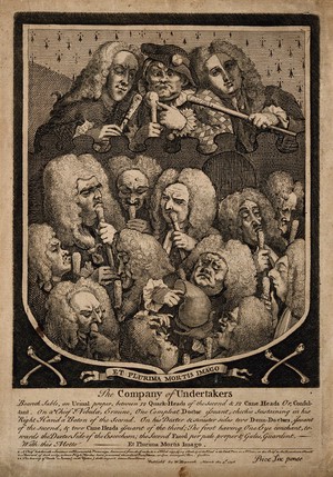 view A shield containing a group portrait of various doctors and quacks, including Mrs Mapp, Dr. Joshua Ward and John Taylor. Etching by W. Hogarth, 1736, after himself.