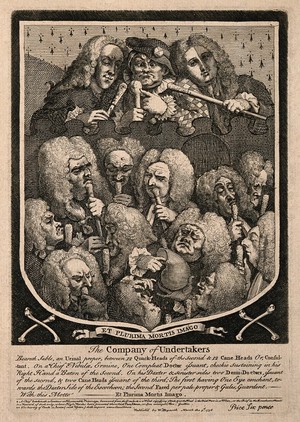 view A shield containing a group portrait of various doctors and quacks, including Mrs Mapp, Dr. Joshua Ward and John Taylor. Etching by W. Hogarth, 1736, after himself.