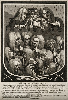 A shield containing a group portrait of various doctors and quacks, including Mrs Mapp, Dr. Joshua Ward and John Taylor. Etching by W. Hogarth, 1736, after himself.