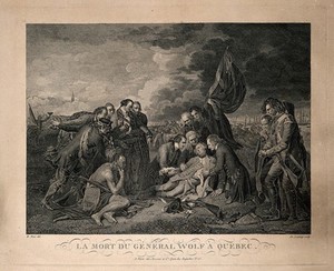 view The death of General Wolfe, at Quebec, in the background are soldiers and ships. Engraving by N. de Launay, after B. West, 1770.