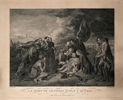 The death of General Wolfe, at Quebec, in the background are soldiers and ships. Engraving by N. de Launay, after B. West, 1770.