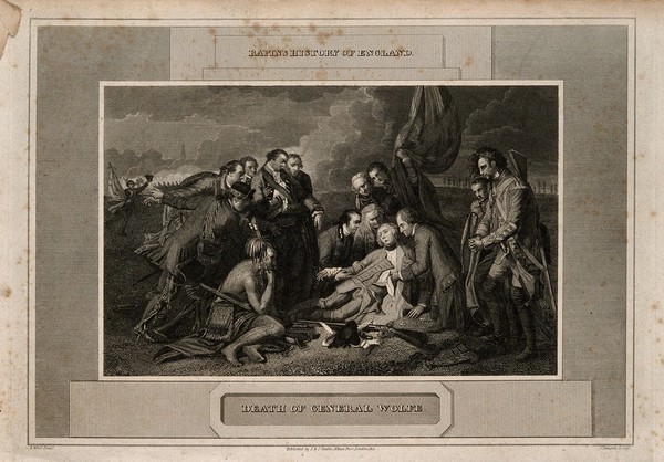 The death of General Wolfe, at Quebec, in the background are soldiers and the masts of ships. Engraving by J. Thomson, 1813, after B. West, the elder, 1770.