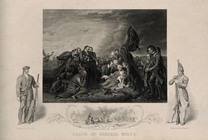 view The death of General Wolfe, at Quebec, in the background are soldiers and ships. Engraving by J. Rogers after B. West, the elder, 1770.