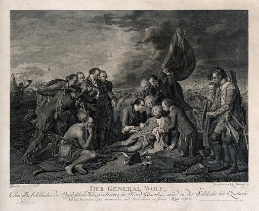 The death of General Wolfe, at Quebec, in the background are soldiers and ships. Engraving by C. Guttenberg, after B. West, the elder, 1770.