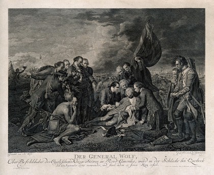 The death of General Wolfe, at Quebec, in the background are soldiers and ships. Engraving by C. Guttenberg, after B. West, 1770.