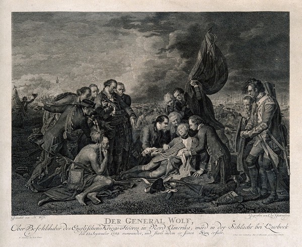 The death of General Wolfe, at Quebec, in the background are soldiers and ships. Engraving by C. Guttenberg, after B. West, 1770.