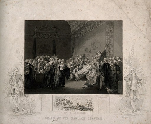 The death of William Pitt, Lord Chatham, in the Upper Chamber of the Palace of Westminster, 1778. Engraving by J. Rogers after J. Copley, 1779.