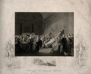 view The death of William Pitt, Lord Chatham, in the Upper Chamber of the Palace of Westminster, 1778. Engraving by J. Rogers after J. Copley, 1779.