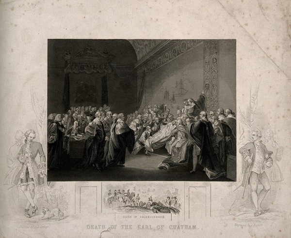 The death of William Pitt, Lord Chatham, in the Upper Chamber of the Palace of Westminster, 1778. Engraving by J. Rogers after J. Copley, 1779.
