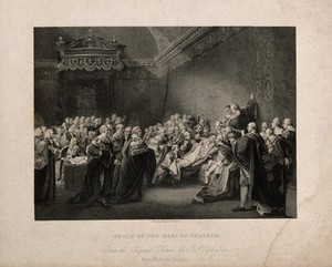 view The death of William Pitt, Lord Chatham, in the Upper Chamber of the Palace of Westminster, 1778. Engraving by F.F. Walker after J. Copley, 1779.