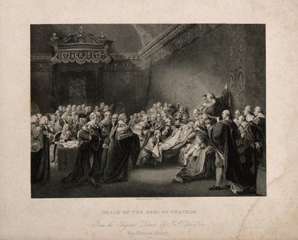 The death of William Pitt, Lord Chatham, in the Upper Chamber of the Palace of Westminster, 1778. Engraving by F.F. Walker after J. Copley, 1779.