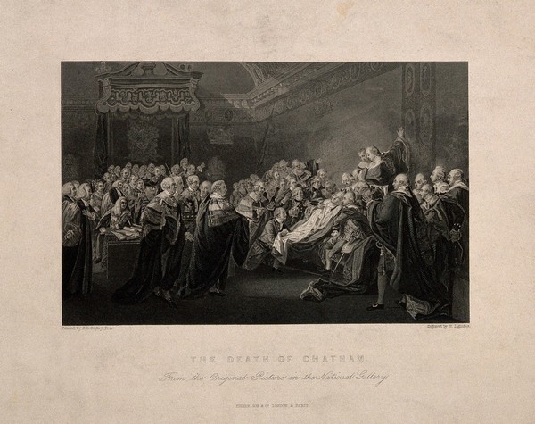 The death of William Pitt, Lord Chatham, in the Upper Chamber of the Palace of Westminster, 1778. Engraving by P. Lightfoot after J. Copley, 1779.