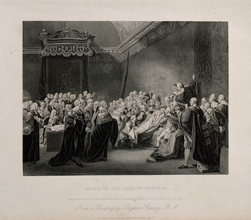 The death of William Pitt, Lord Chatham, in the Upper Chamber of the Palace of Westminster, 1778. Engraving after J. Copley, 1779.
