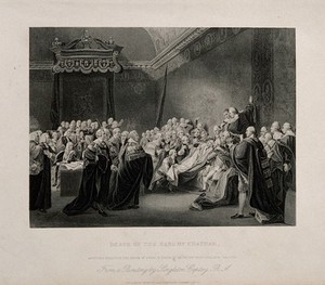 view The death of William Pitt, Lord Chatham, in the Upper Chamber of the Palace of Westminster, 1778. Engraving after J. Copley, 1779.