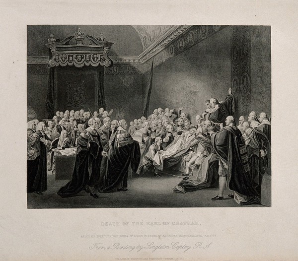 The death of William Pitt, Lord Chatham, in the Upper Chamber of the Palace of Westminster, 1778. Engraving after J. Copley, 1779.
