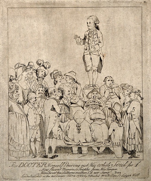 James Graham lecturing from a podium, to a crowd of ladies and gentlemen. Etching by J. Boyne, 1783.